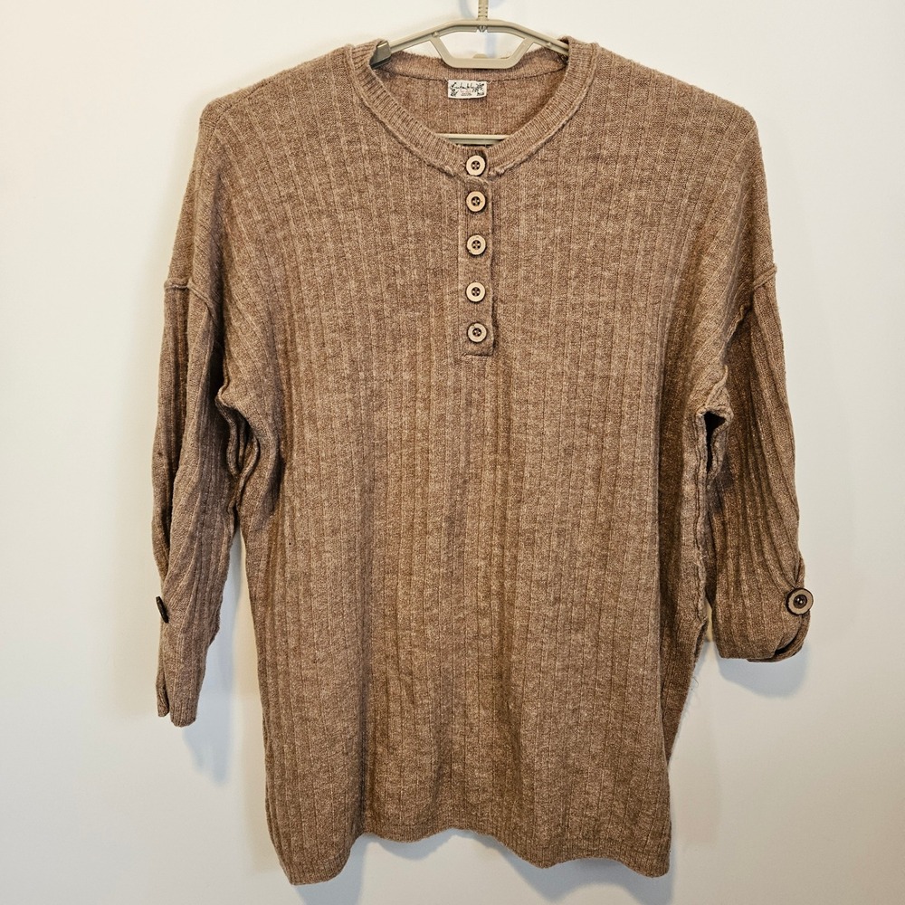 Intimately Free People Brown Ribbed Henley Tunic Sweater Small Fisherman Indie